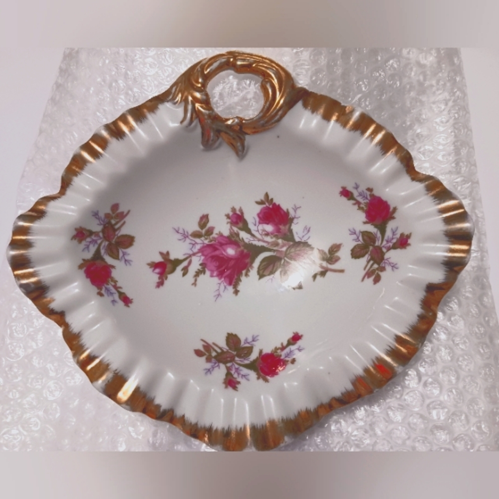 Vintage Moss Rose China Candy Dish 28/6M Gold Trim Scalloped Edge